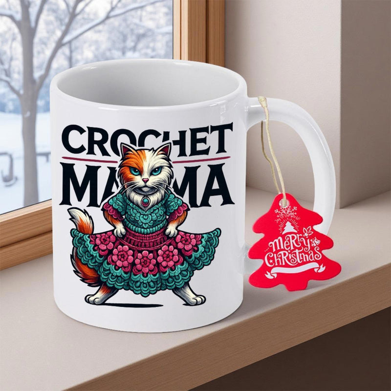 Tailorly White Ceramic 11 oz Mug - Crochet Mama Vibrant Calico Wearing Detailed Handmade Pink And Teal Floral Crochet Dress Cat