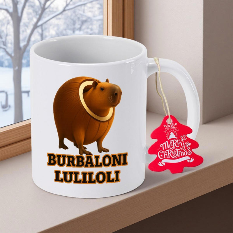 Tailorly White Ceramic 11 oz Mug - Burbaloni Luliloli Cute Brown Capybara Wearing A Golden Ring Around Its Neck Capybara