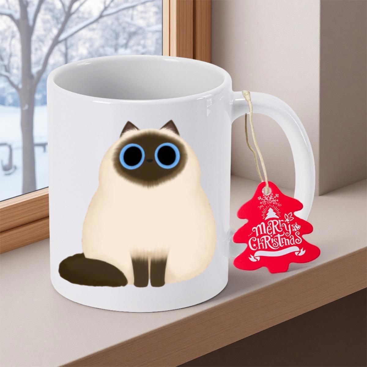 Tailorly White Ceramic 11 oz Mug - Merry Christmas Adorable Fluffy Siamese Cat With Large Round Blue Eyes And Dark Points Cat