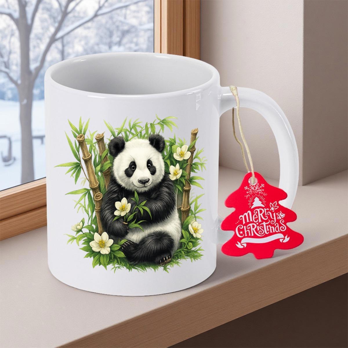 Tailorly White Ceramic 11 oz Mug - Merry Christmas Adorable Giant Panda Resting Among Lush Green Bamboo And Flowers Panda