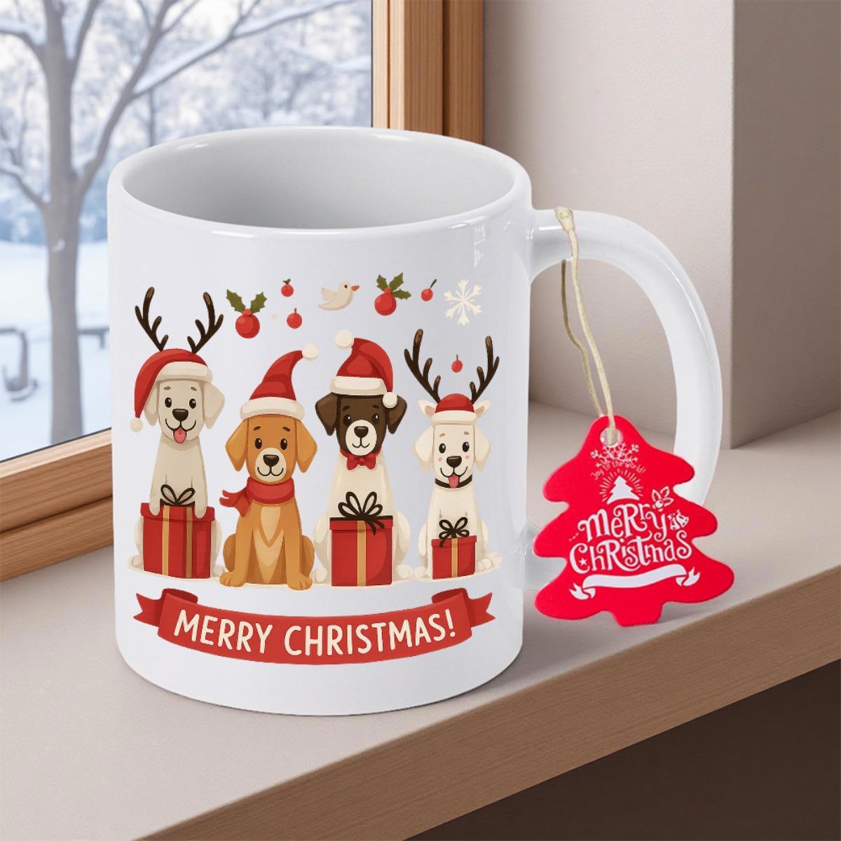 Tailorly White Ceramic 11 oz Mug - Merry Christmas Four Adorable Puppies Wearing Festive Hats Sitting Inside Holiday Gift Boxes Dog
