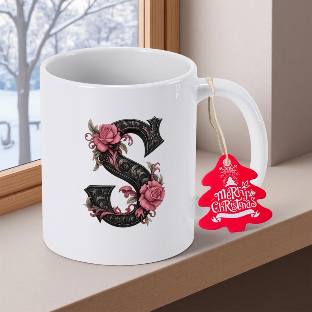 Tailorly White Ceramic 11 oz Mug - Merry Christmas Ornate Black Scrolling Motif With Vibrant Pink Rose Floral Accents Letter