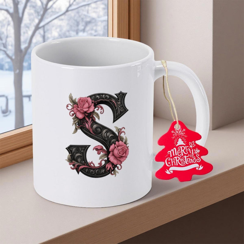 Tailorly White Ceramic 11 oz Mug - Merry Christmas Ornate Black Scrolling Motif With Vibrant Pink Rose Floral Accents Letter