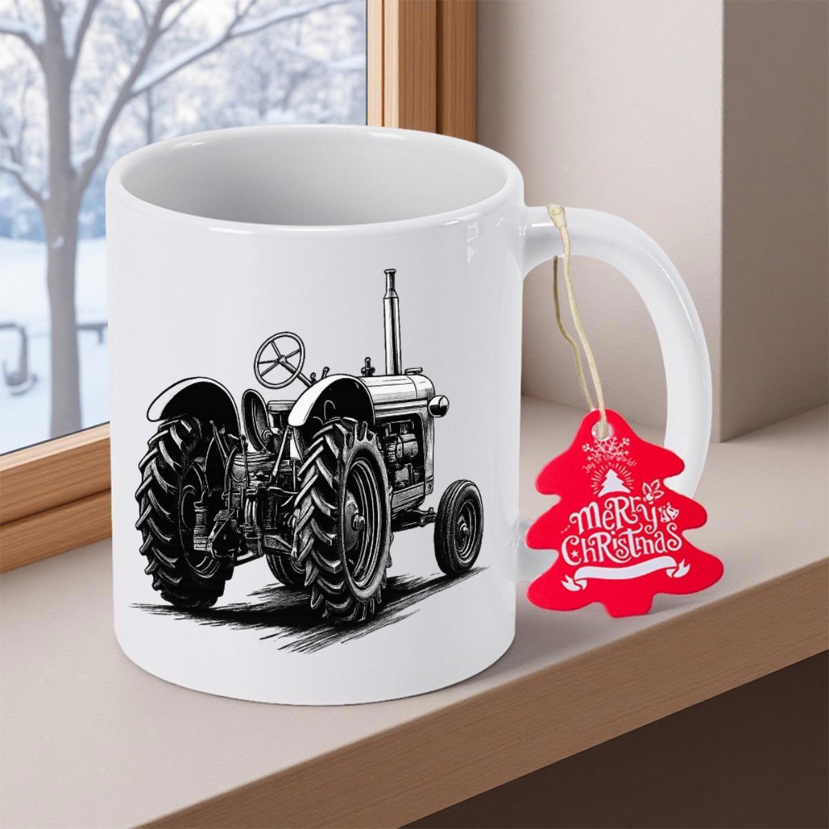 Tailorly White Ceramic 11 oz Mug - Merry Christmas Detailed Black And White Vintage Farming Equipment Illustration On Ceramic Surface Tractor
