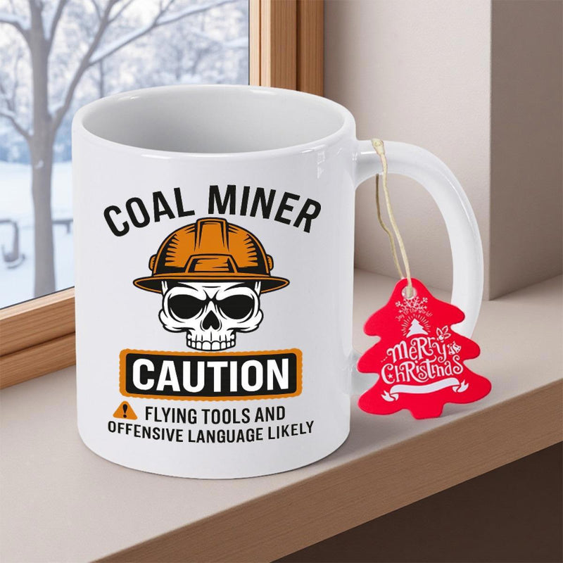 Tailorly White Ceramic 11 oz Mug - Coal Miner Caution Flying Tools And Offensive Language Likely Industrial Protective Helmet Worn By Rugged Skeleton Under Hard