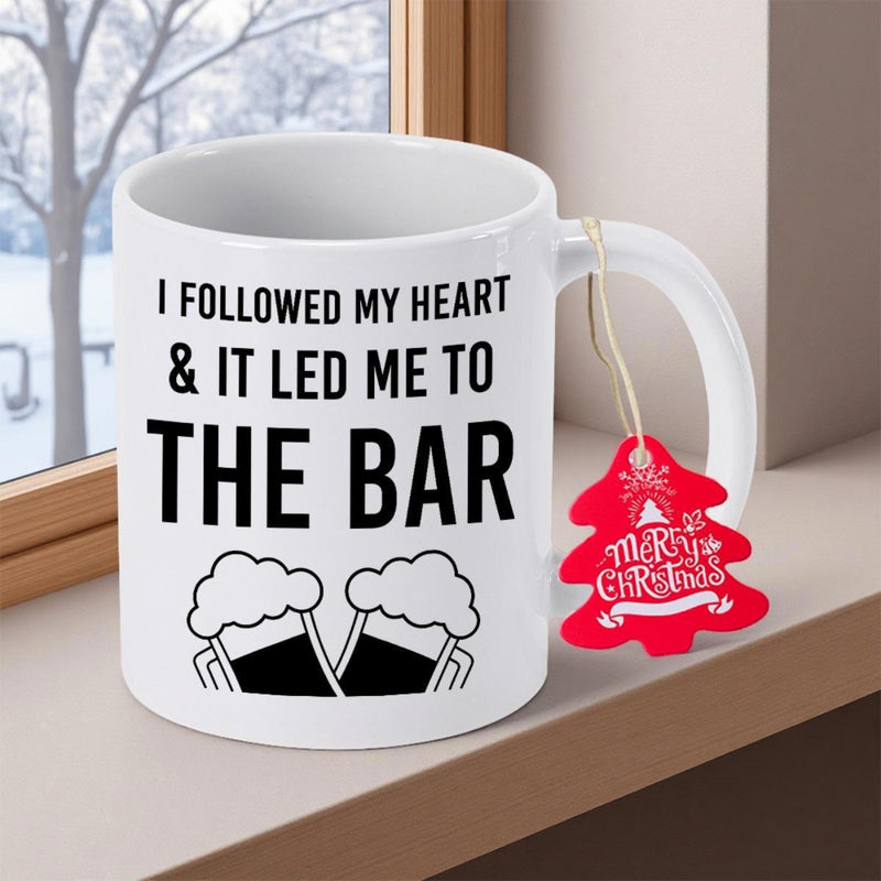 Tailorly White Ceramic 11 oz Mug - I Followed My Heart It Led Me To The Bar Minimalist Black Outlined Clinking Glasses Featuring Frothy Bubbling Beer Foam Mug