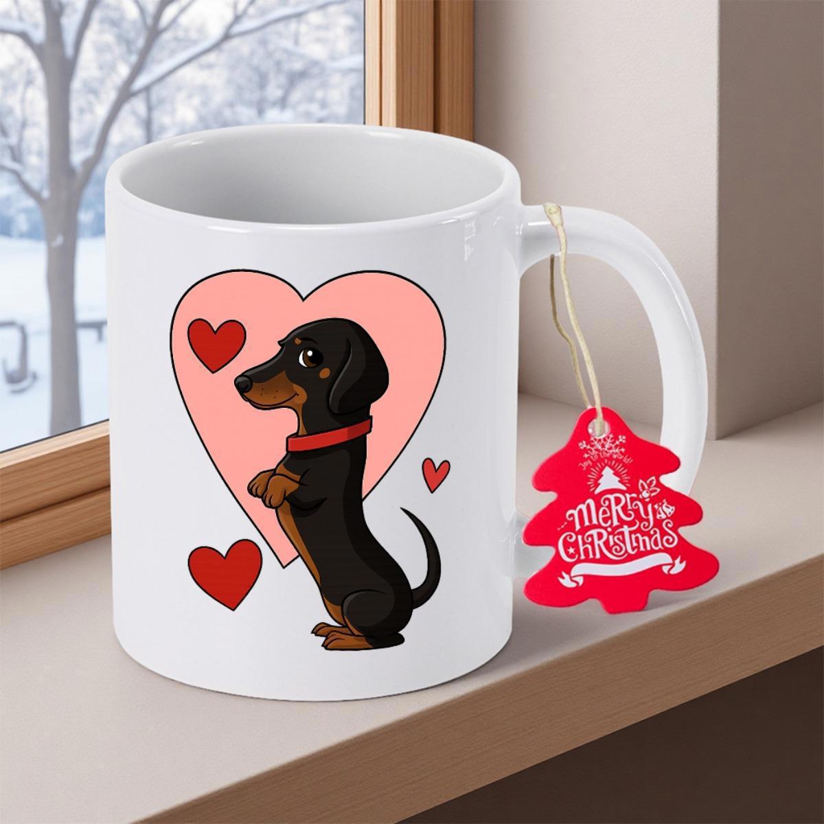 Tailorly White Ceramic 11 oz Mug - Merry Christmas Cute Black And Tan Dog Standing Inside Pink Heart Shapes Dachshund