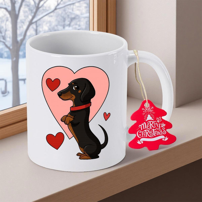Tailorly White Ceramic 11 oz Mug - Merry Christmas Cute Black And Tan Dog Standing Inside Pink Heart Shapes Dachshund