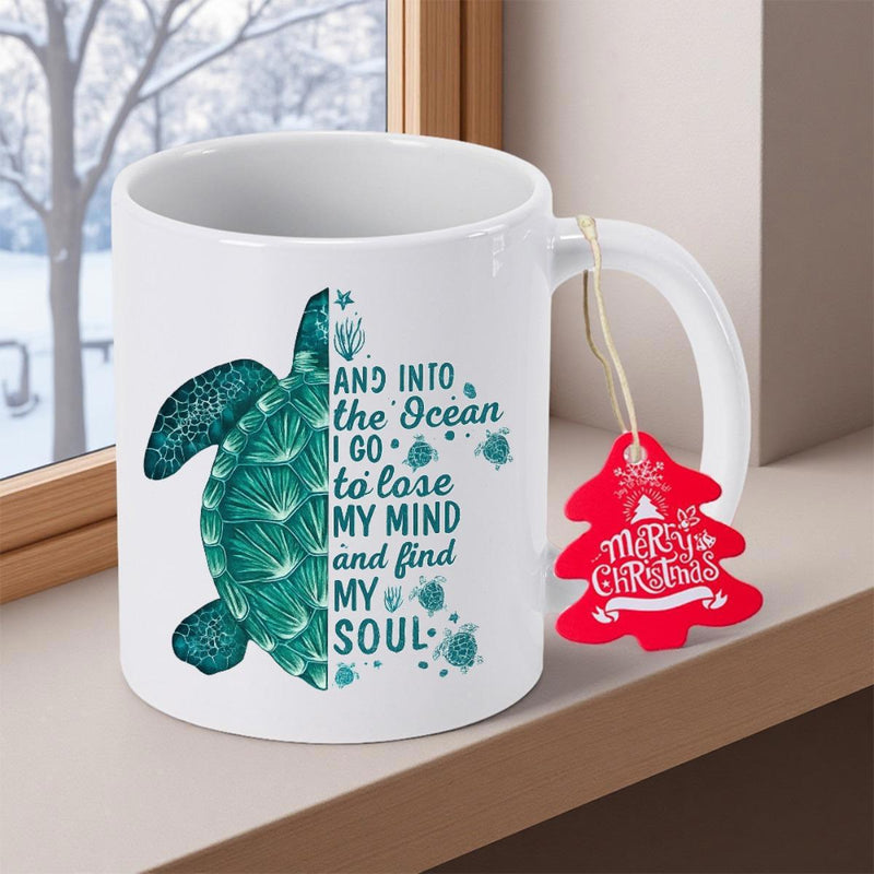 Tailorly White Ceramic 11 oz Mug - And Into The Ocean I Go To Lose My Mind And Find My Soul Intricate Teal Patterned Shell Swimming Gracefully Through Clear Blue