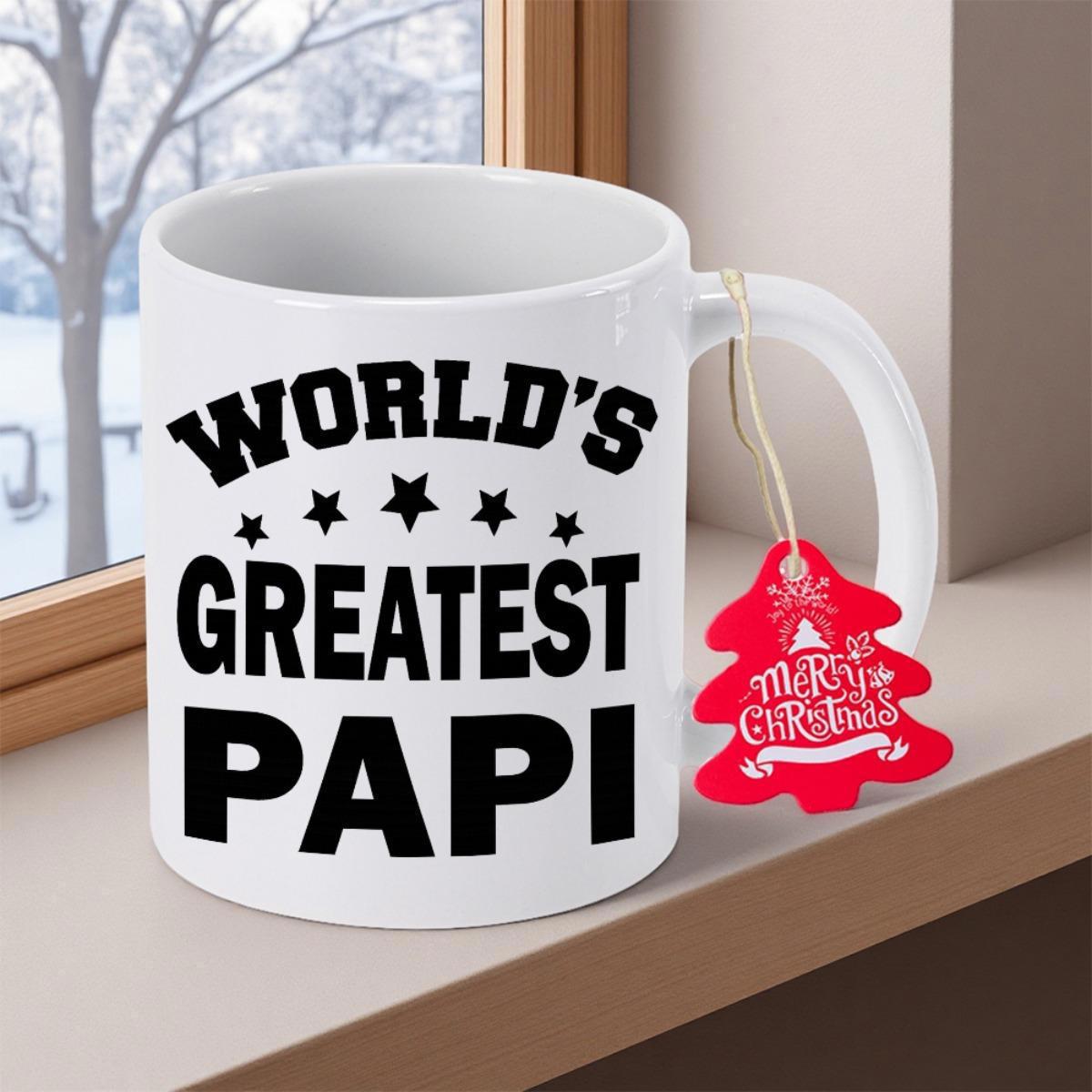 Tailorly White Ceramic 11 oz Mug - World's Greatest Papi Bold Black Typography Surrounded By Five Centered Small Decorative Stars Mug