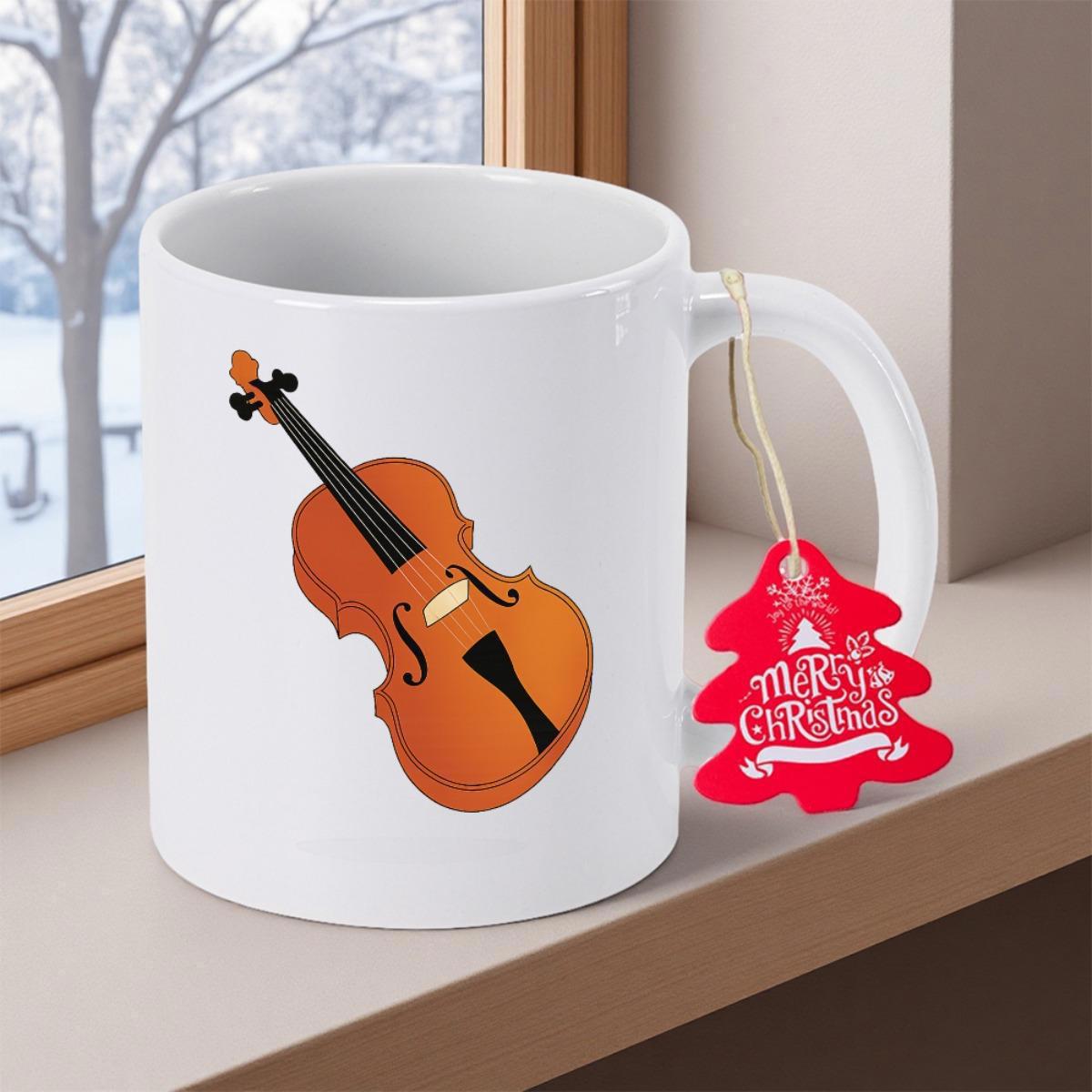 Tailorly White Ceramic 11 oz Mug - Merry Christmas Elegant Brown Wooden Musical Instrument With Fine Detailed Strings Violin