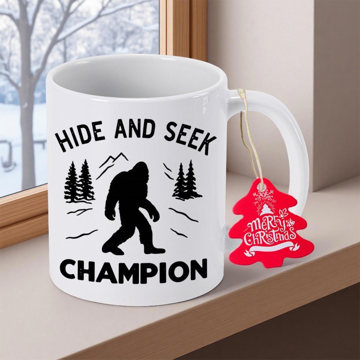 Tailorly White Ceramic 11 oz Mug - Hide And Seek Champion Silhouette Walking Through Wilderness Between Tall Pine Trees And Mountain Peaks Bigfoot