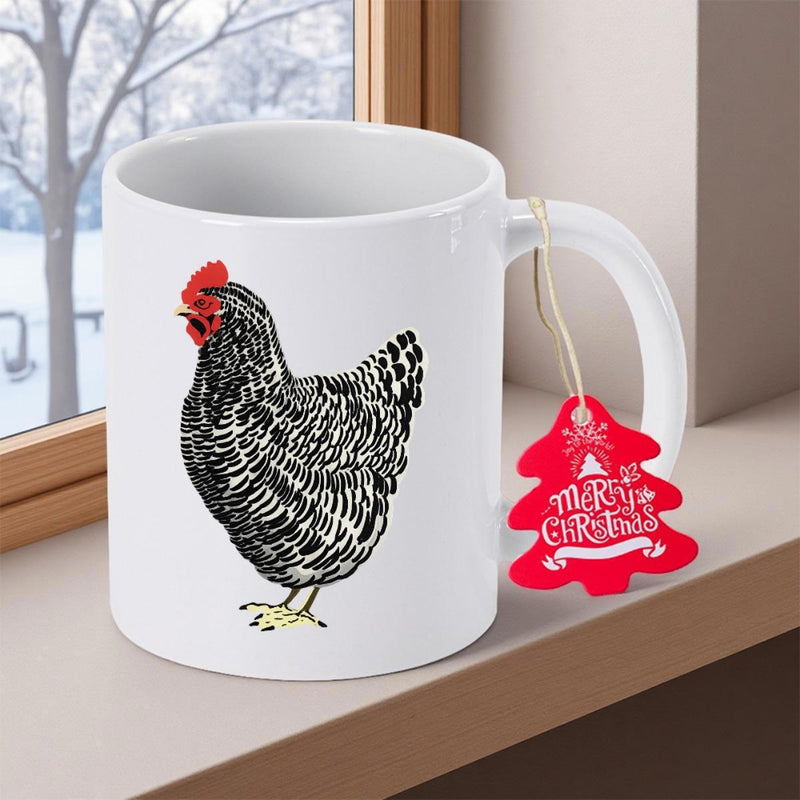 Tailorly White Ceramic 11 oz Mug - Merry Christmas Detailed Black And White Speckled Farmhouse Style Standing Feathered Chicken