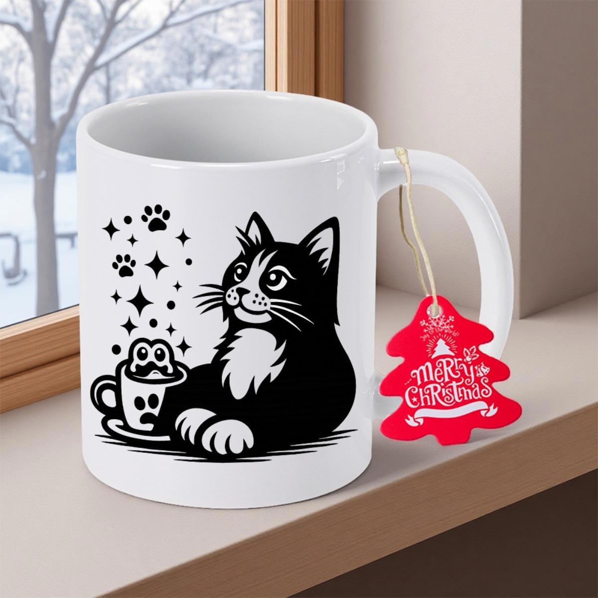 Tailorly White Ceramic 11 oz Mug - Merry Christmas Charming Black And White Tuxedo Cat Sitting Near A Small Froggie Cup Cat