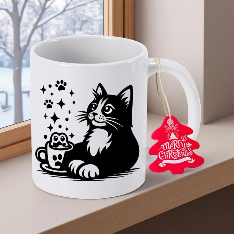 Tailorly White Ceramic 11 oz Mug - Merry Christmas Charming Black And White Tuxedo Cat Sitting Near A Small Froggie Cup Cat