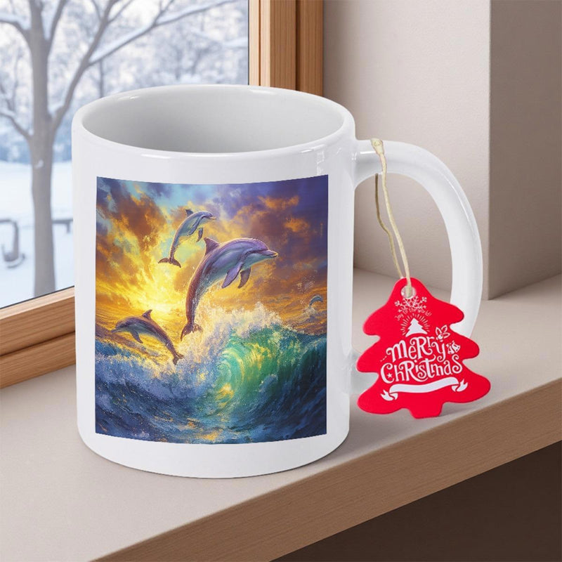 Tailorly White Ceramic 11 oz Mug - Merry Christmas Playful Pod Jumping Over Vibrant Ocean Waves During Golden Sunset Dolphin