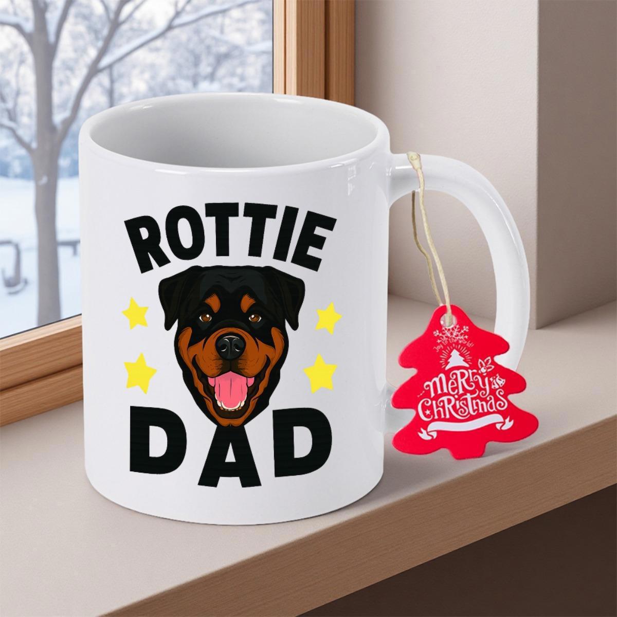 Tailorly White Ceramic 11 oz Mug - Rottie Dad Hand Drawn Portrait Of A Dog With Yellow Stars Design Rottweiler