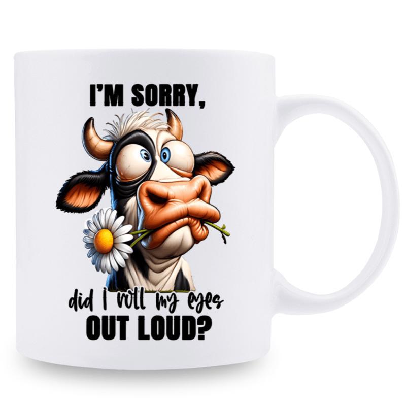 Tailorly White Ceramic 11 oz Mug - Im Sorry Did I Roll My Eyes Out Loud Funny Cartoon Cow With Crazy Eyes Holding A Daisy In Its Mouth Cow