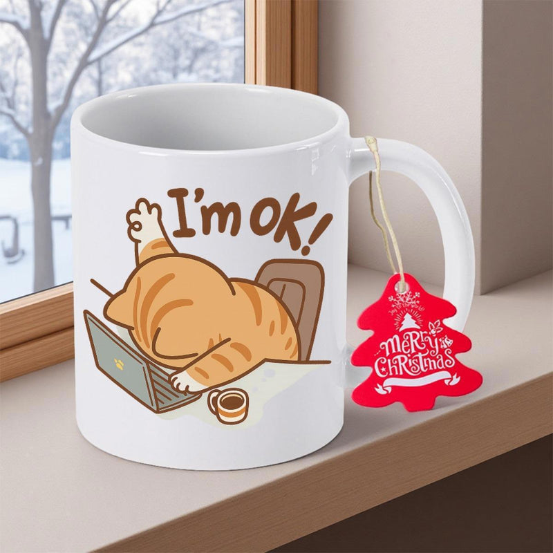 Tailorly White Ceramic 11 oz Mug - Im Ok Tired Tabby Resting Face Down On A Grey Laptop Keyboard Cat