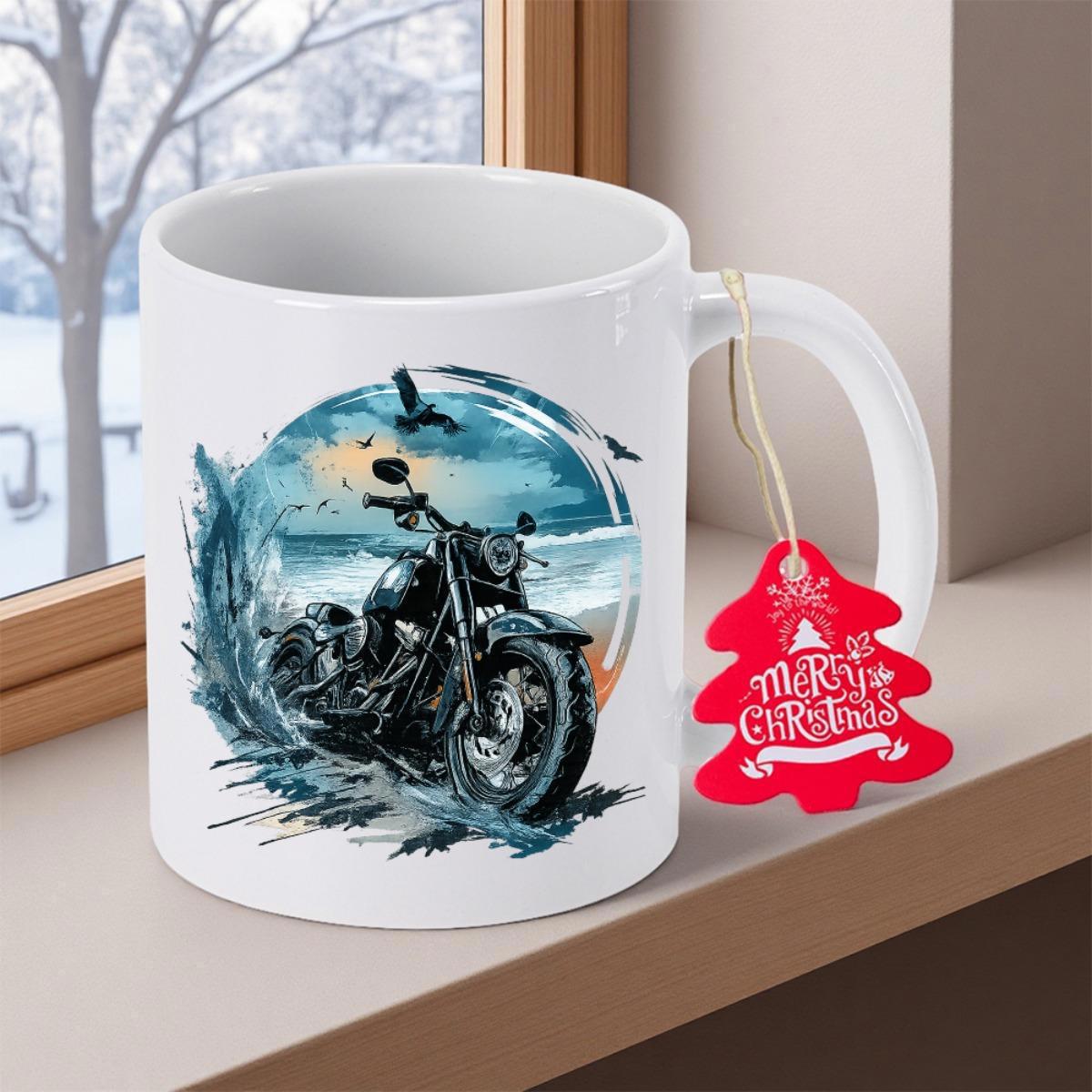 Tailorly White Ceramic 11 oz Mug - Merry Christmas Sleek Vintage Cruiser Parked Within Scenic Sunset Circle Under Flying Birds Motorcycle