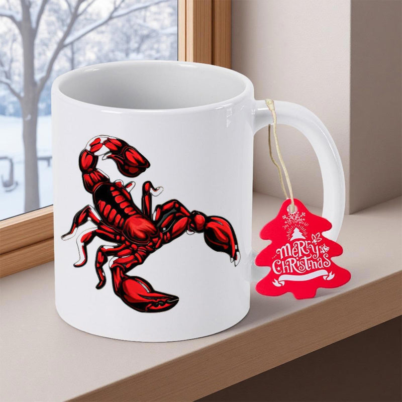 Tailorly White Ceramic 11 oz Mug - Fierce Red And Black Scorpion With Sharp Pincers And Curved Stinger Scorpion