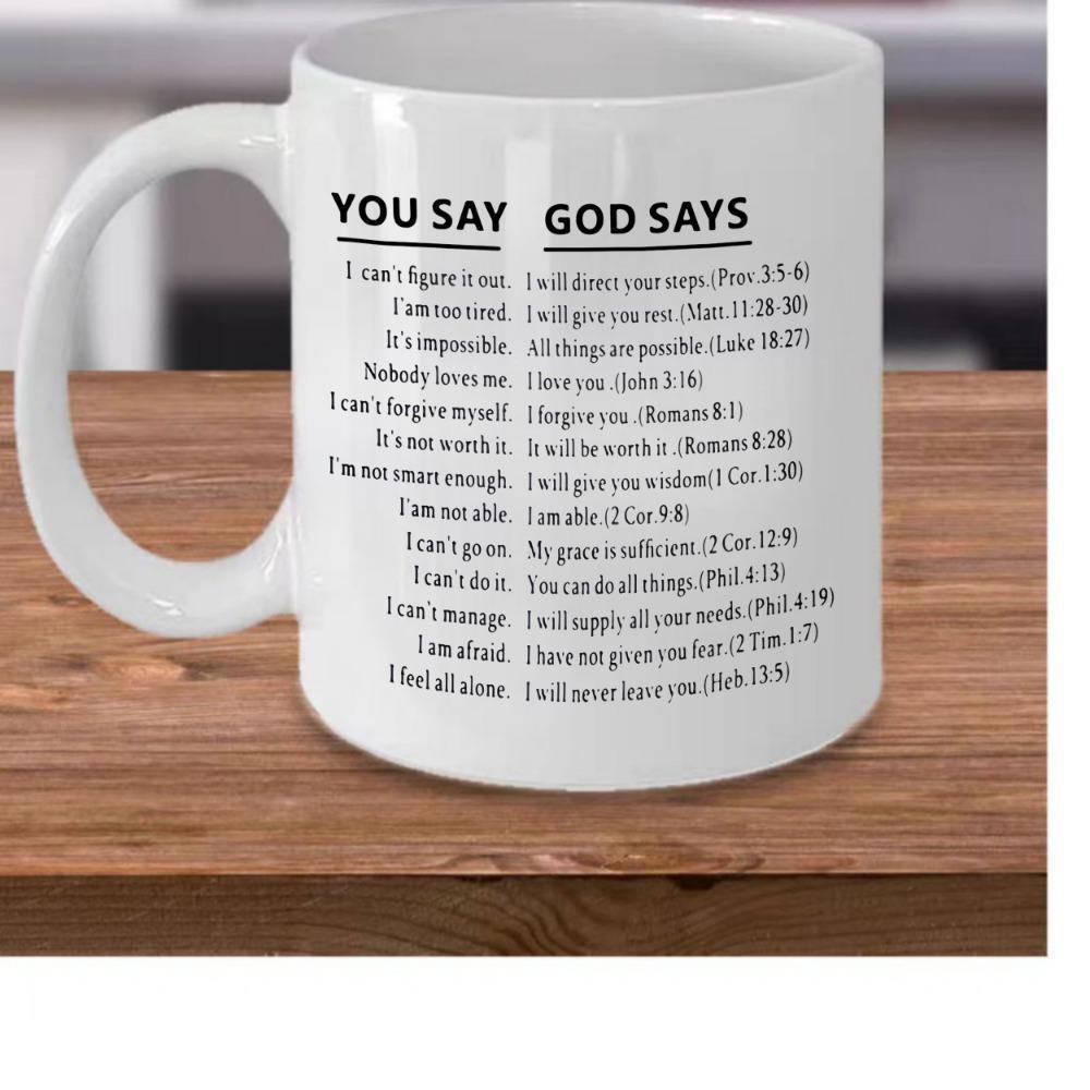 Tailorly White Ceramic 11 oz Mug - You Say God Says Minimalist Black Lettering Featuring Motivational Christian Bible Verse Scripture