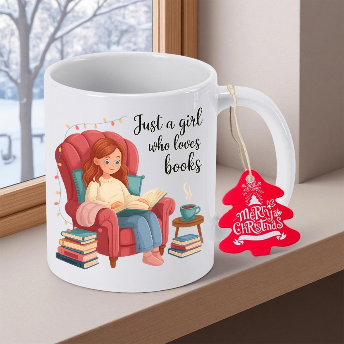 Tailorly White Ceramic 11 oz Mug - Just A Girl Who Loves Books Relaxing In Red Armchair Surrounded By Stacks Of Classic Novels Girl