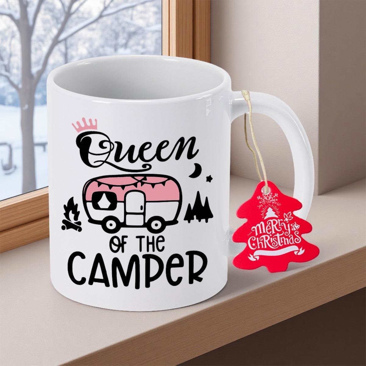 Tailorly White Ceramic 11 oz Mug - Queen Of The Camper Vintage Pink Trailer Surrounded By Pine Trees And Cozy Campfire Under Moonlight Camper