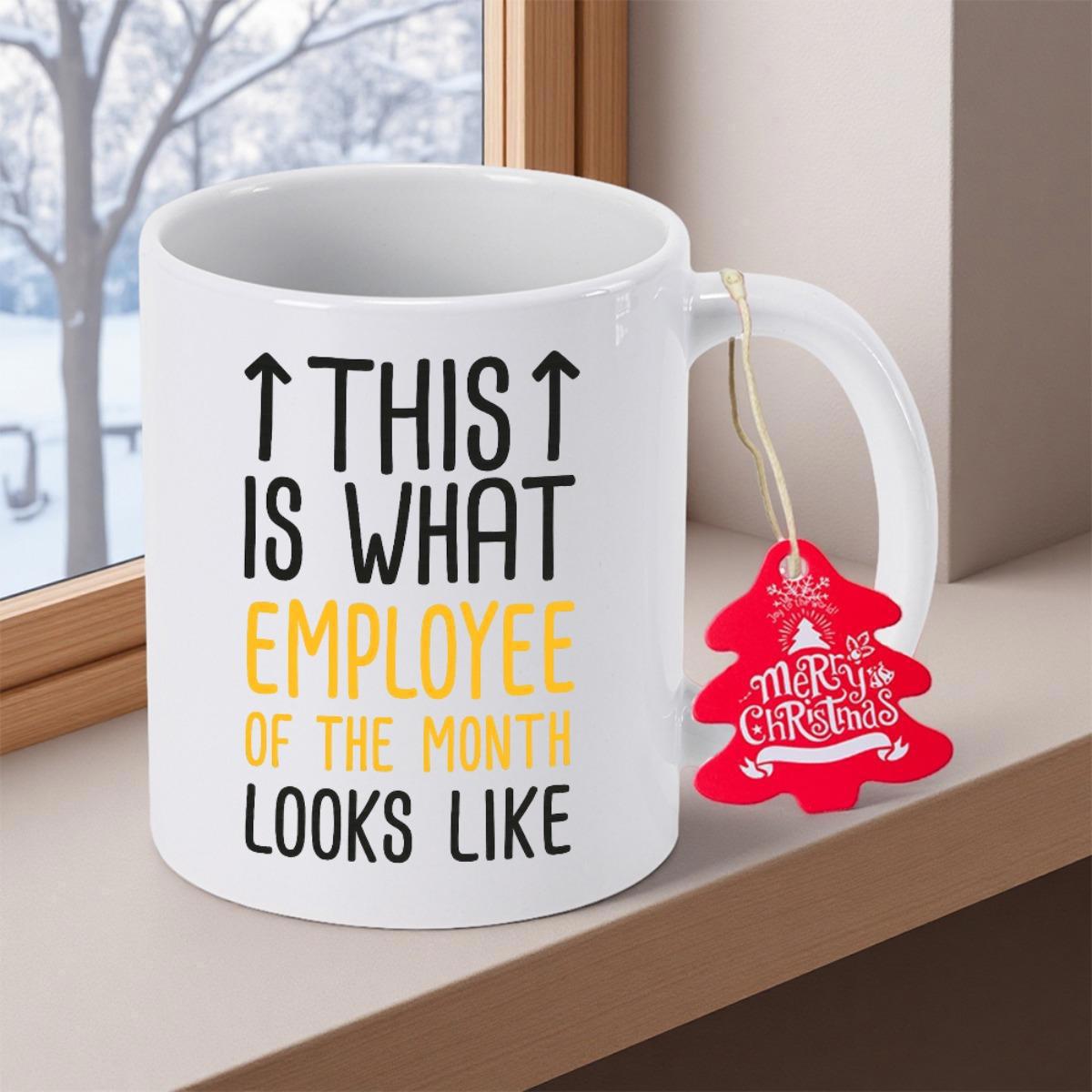 Tailorly White Ceramic 11 oz Mug - This Is What Employee Of The Month Looks Like Minimalist White Ceramic Vessel With Bold Typography And Pointing Arrows Mug
