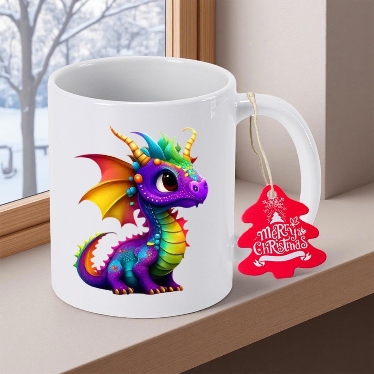 Tailorly White Ceramic 11 oz Mug - Merry Christmas Vibrant Rainbow Scales On A Cute Purple Mythical Baby Dragon
