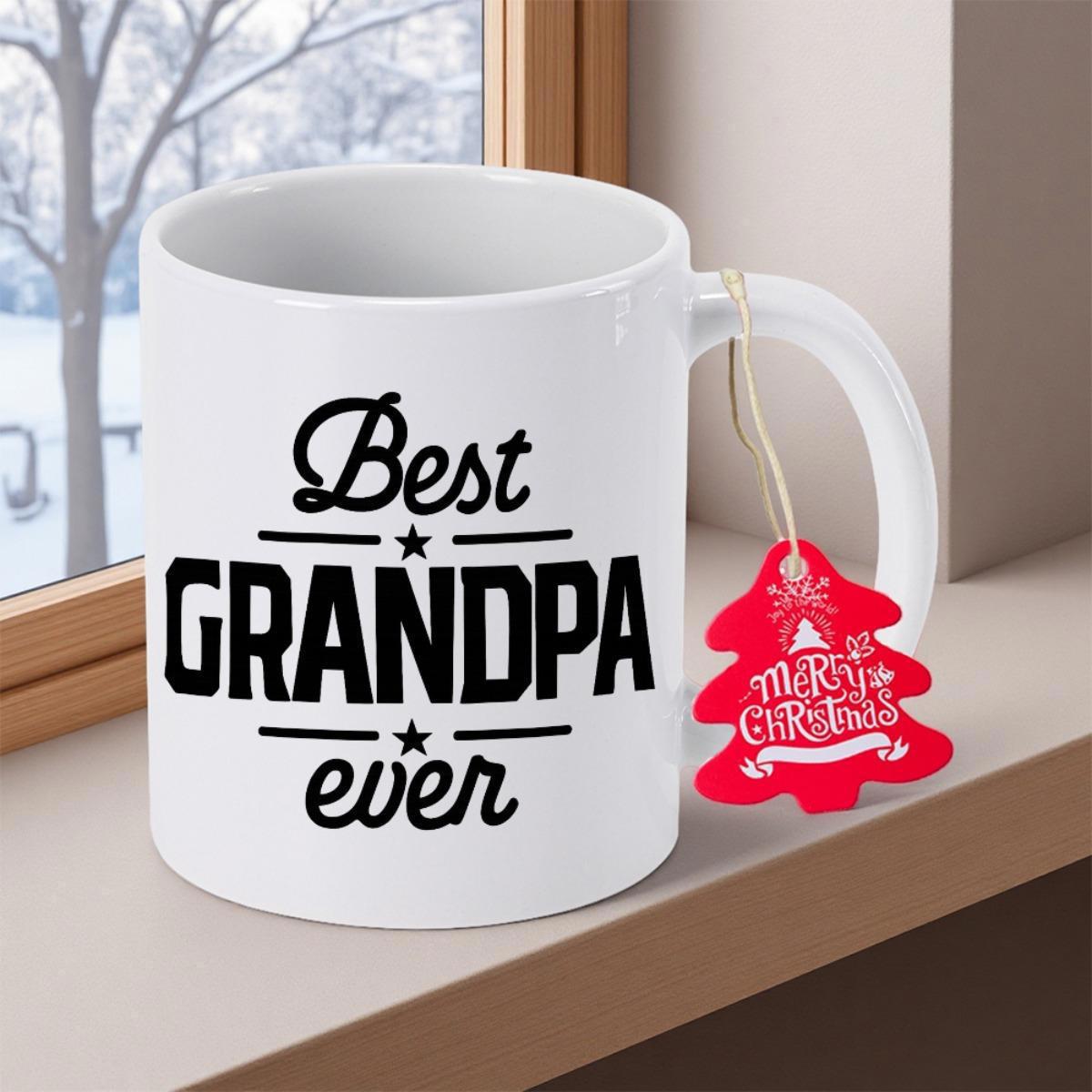 Tailorly White Ceramic 11 oz Mug - Best Grandpa Ever Merry Christmas Pure White Ceramic Resting On Window Sill With Festive Tag Mug
