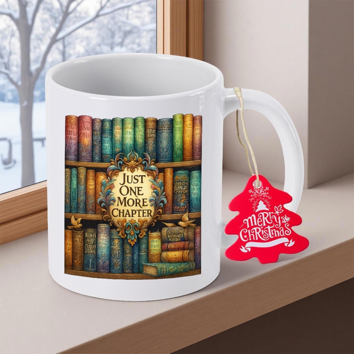 Tailorly White Ceramic 11 oz Mug - Just One More Chapter Vintage Colorful Antique Books Arranged Within An Ornate Golden Frame Bookshelf