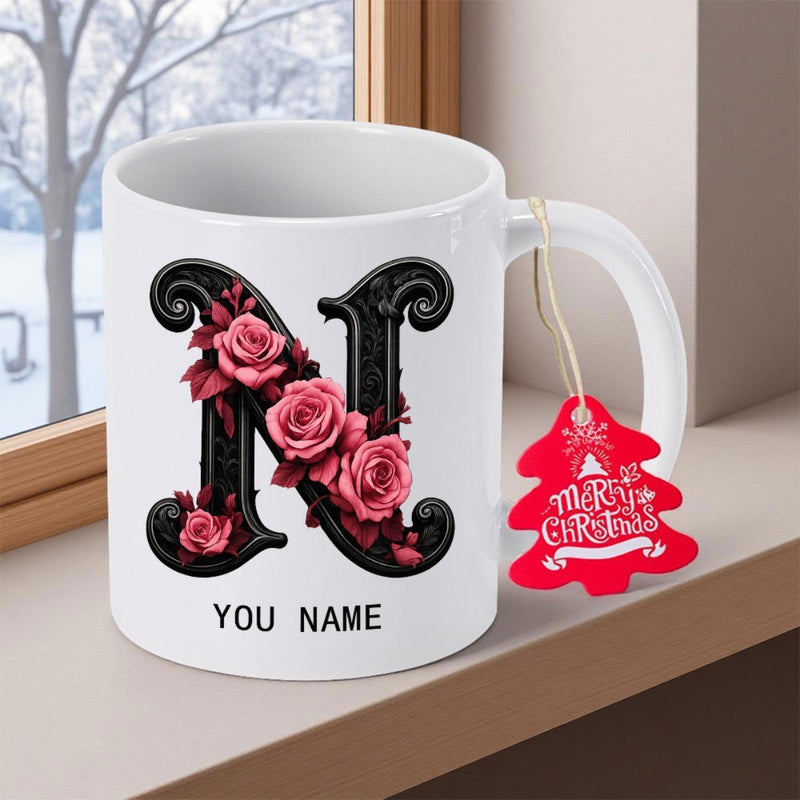 Tailorly White Ceramic 11 oz Mug - You Name Merry Christmas Elegant Black Ornate Letter N Decorated With Pink Floral Blooming Roses Mug