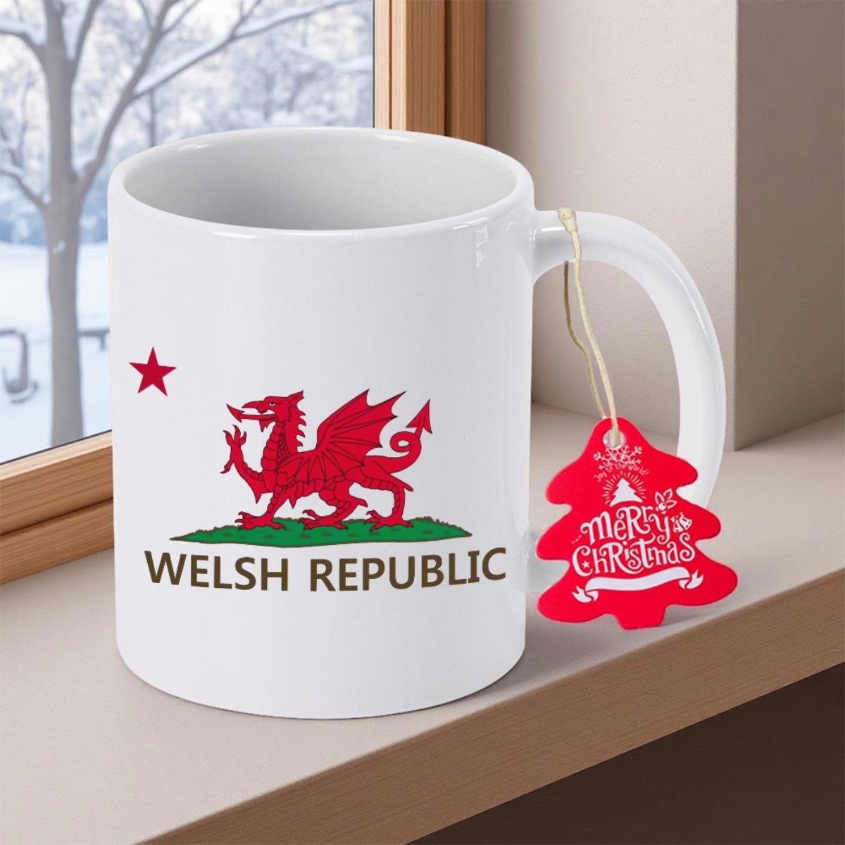 Tailorly White Ceramic 11 oz Mug - Welsh Republic Majestic Red Dragon Standing On Green Grass Under Bright Red Star Dragon