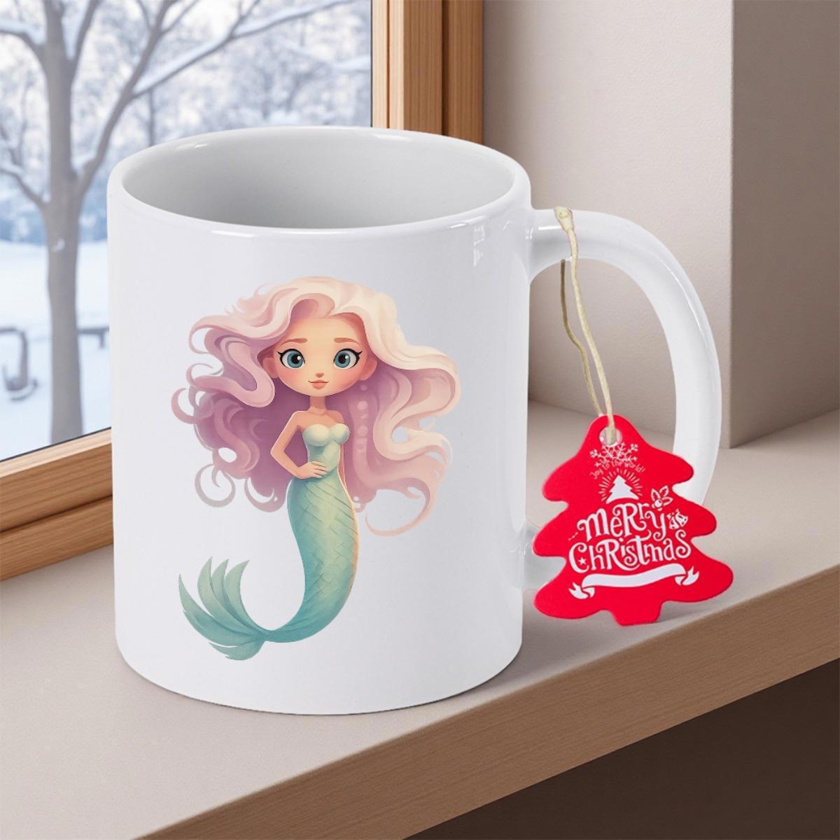 Tailorly White Ceramic 11 oz Mug - Merry Christmas Cute Pastel With Flowing Pink Hair And Elegant Green Tail Mermaid