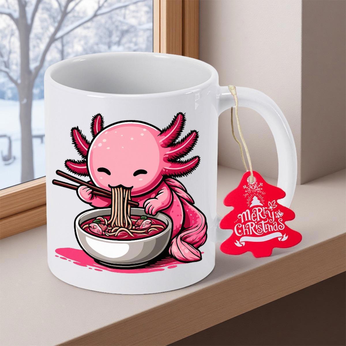 Tailorly White Ceramic 11 oz Mug - Merry Christmas Adorable Pink Cartoon Creature Eating Delicious Ramen Noodles With Chopsticks Axolotl