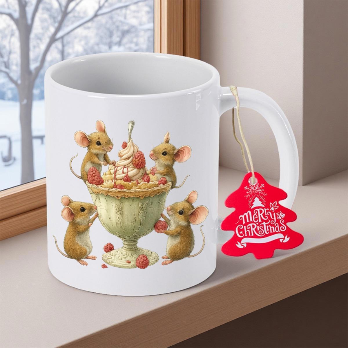 Tailorly White Ceramic 11 oz Mug - Merry Christmas Tiny Brown Mice Playing Around Decorative Ceramic Goblet With Festive Decor Mice