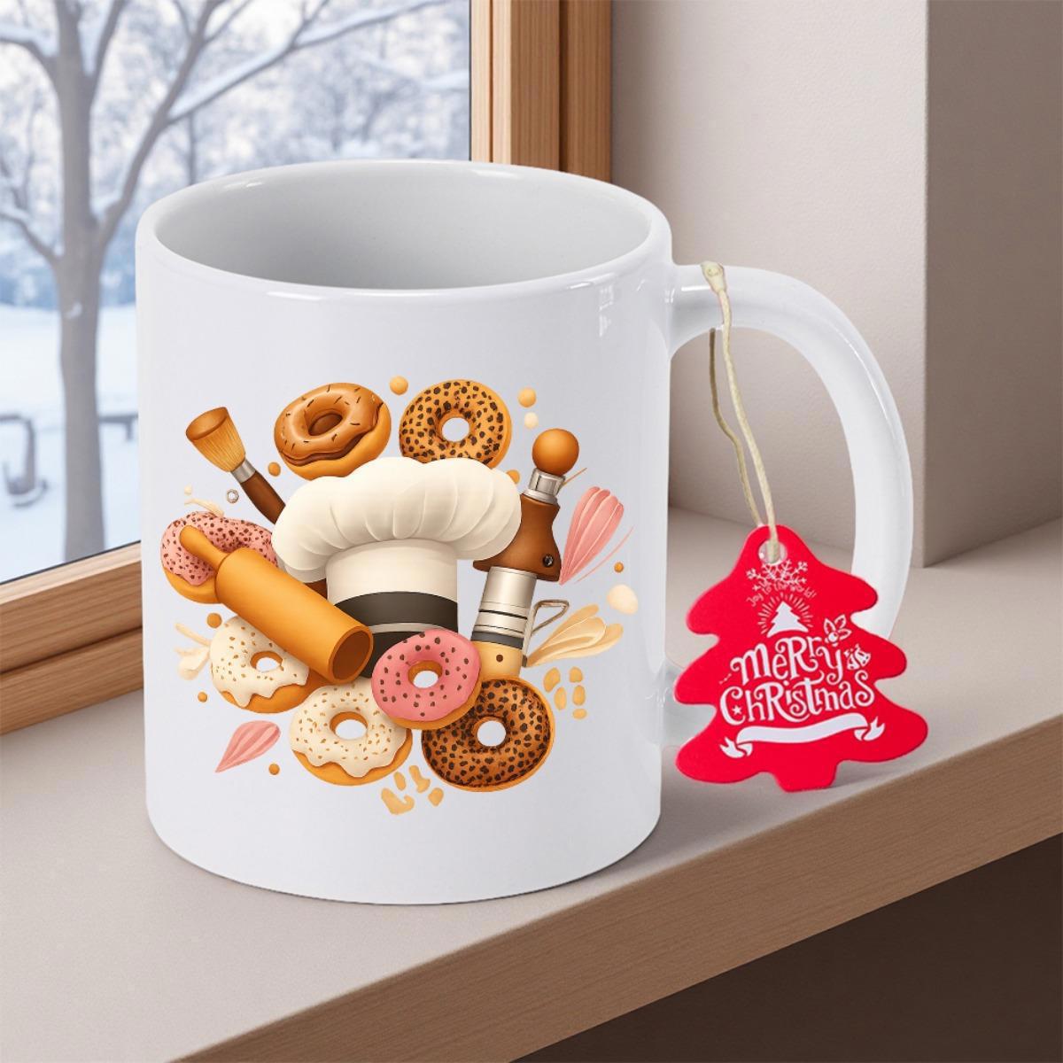 Tailorly White Ceramic 11 oz Mug - Merry Christmas Fresh Glazed Donuts And Kitchen Utensils Surrounding A White Professional Chef Hat