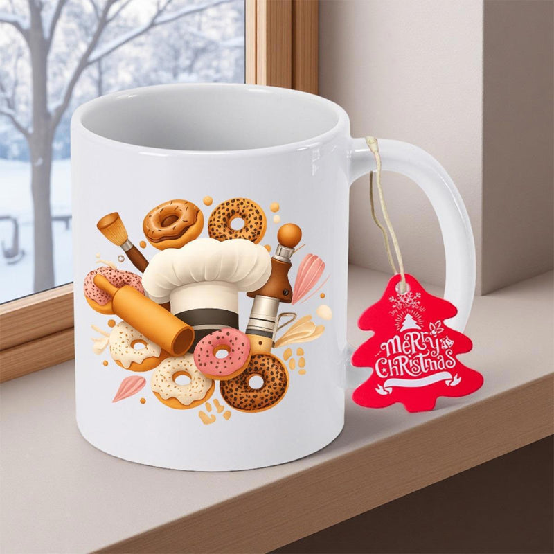 Tailorly White Ceramic 11 oz Mug - Merry Christmas Fresh Glazed Donuts And Kitchen Utensils Surrounding A White Professional Chef Hat