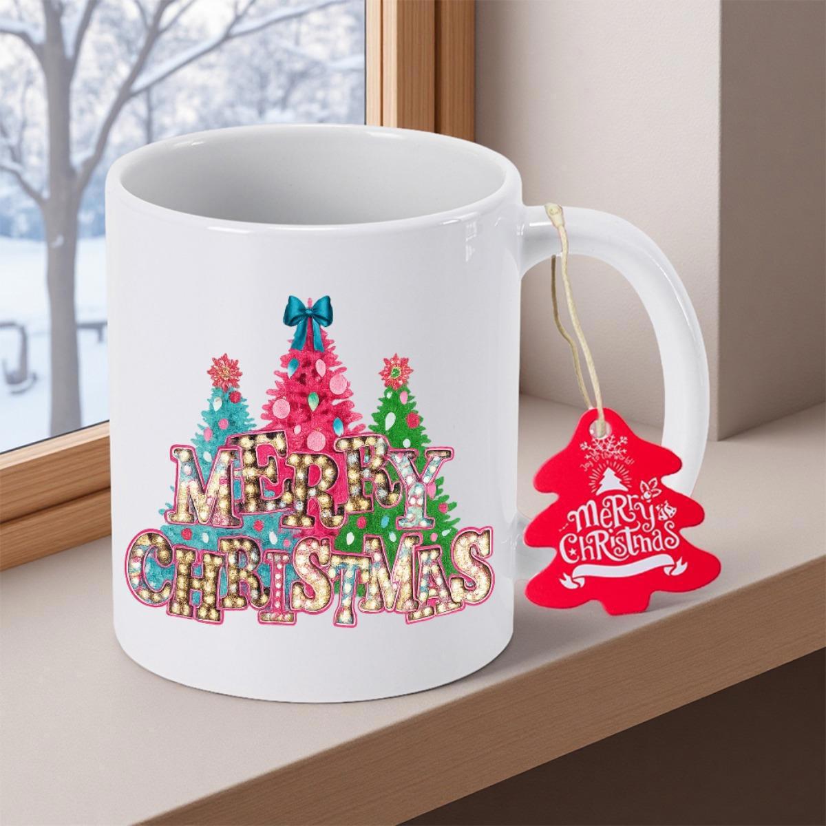 Tailorly White Ceramic 11 oz Mug - Merry Christmas Three Colorful Decorative Christmas Trees With Ornaments And A Blue Bow Mug