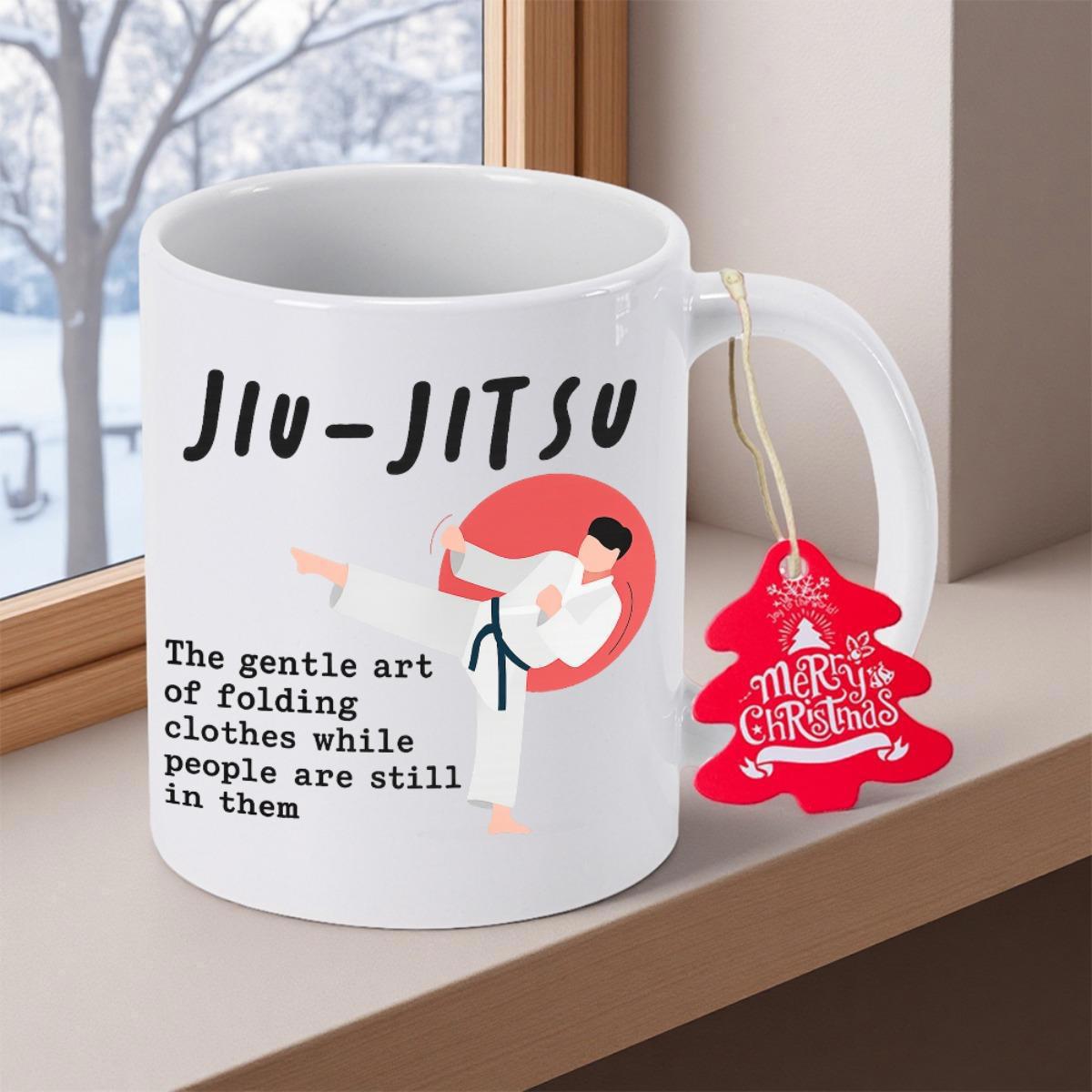 Tailorly White Ceramic 11 oz Mug - Jiu Jitsu The Gentle Art Of Folding Clothes While People Are Still In Them Martial Artist Performing High Kick Against A Bold
