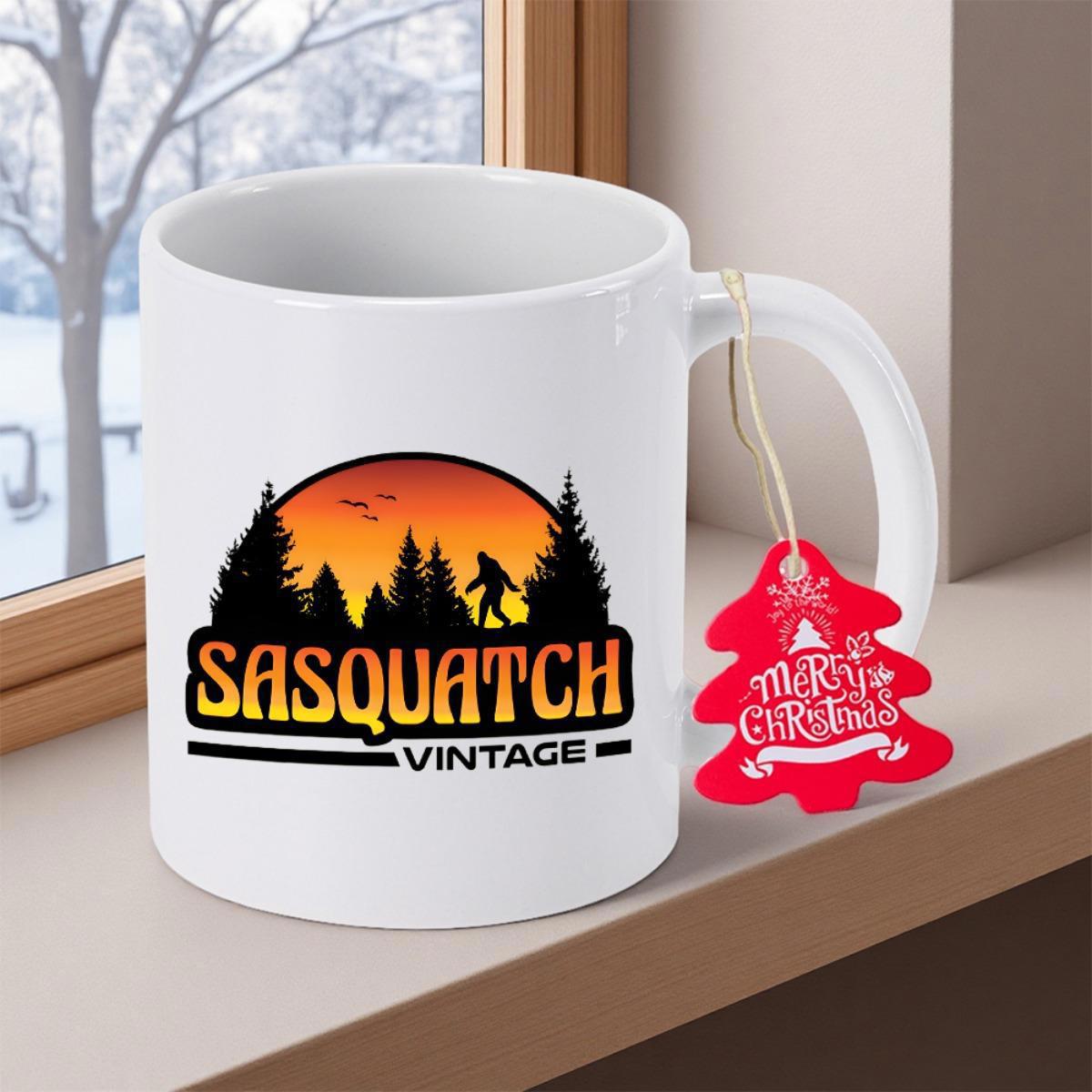 Tailorly White Ceramic 11 oz Mug - Sasquatch Vintage Mysterious Silhouetted Ape Like Creature Among Pine Trees At Sunset Sasquatch