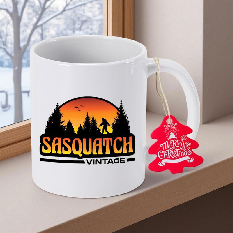 Tailorly White Ceramic 11 oz Mug - Sasquatch Vintage Mysterious Silhouetted Ape Like Creature Among Pine Trees At Sunset Sasquatch