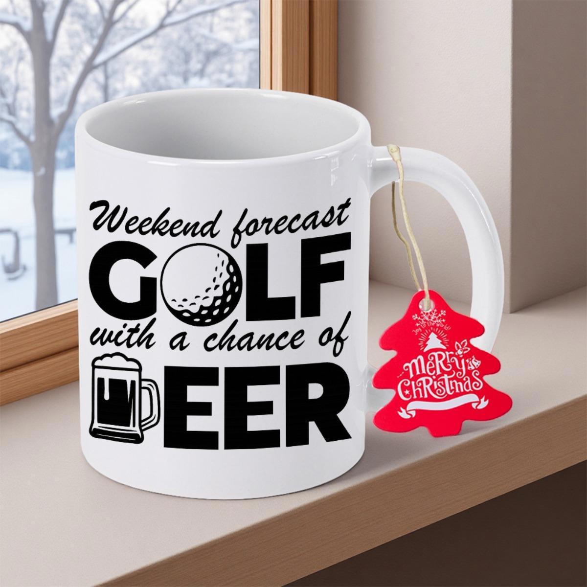 Tailorly White Ceramic 11 oz Mug - Weekend Forecast Golf With A Chance Of Beer Sporty Theme Featuring Textured Golf Ball And Full Beer Mug Illustration Mug