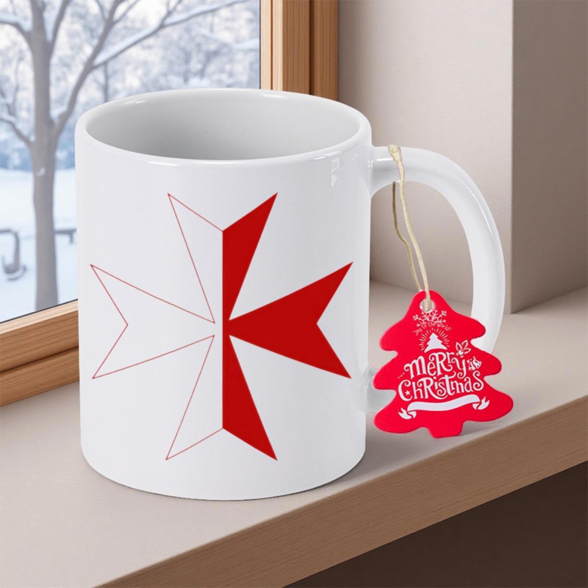 Tailorly White Ceramic 11 oz Mug - Merry Christmas Symmetrical Eight Pointed Maltese Cross Design With Half Red Solid Filling Pattern Cross