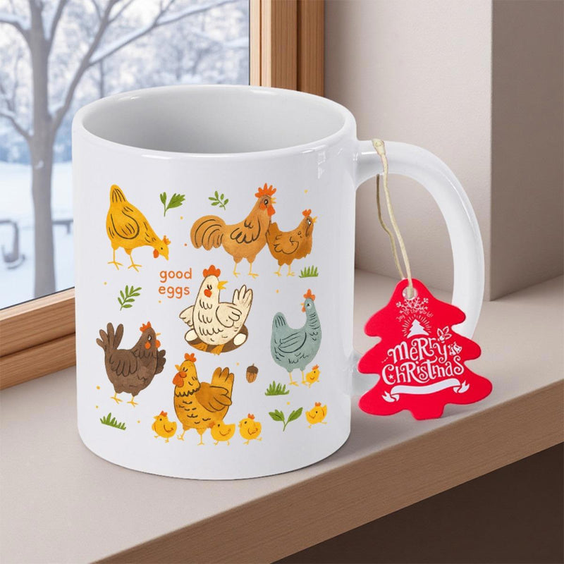 Tailorly White Ceramic 11 oz Mug - Good Eggs Colorful Farmyard Birds Foraging Among Falling Leaves And Small Golden Acorns Chicken