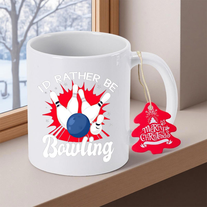 Tailorly White Ceramic 11 oz Mug - Id Rather Be Bowling Dynamic Blue Ball Striking White Pins Within A Vibrant Red Burst Bowling