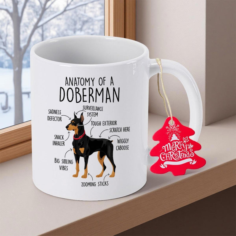 Tailorly White Ceramic 11 oz Mug - Anatomy Of A Doberman Standing Black And Tan Dog With Humorous Descriptive Anatomy Text Labels Doberman