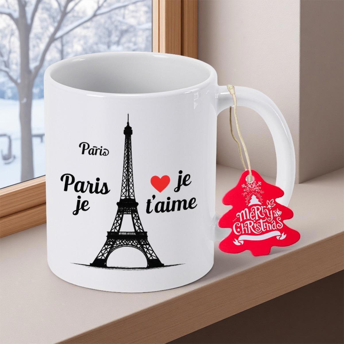 Tailorly White Ceramic 11 oz Mug - Paris Merry Christmas Iconic Black Eiffel Tower Silhouette With Elegant Small Red Heart Motif Tower