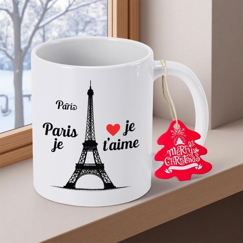 Tailorly White Ceramic 11 oz Mug - Paris Merry Christmas Iconic Black Eiffel Tower Silhouette With Elegant Small Red Heart Motif Tower